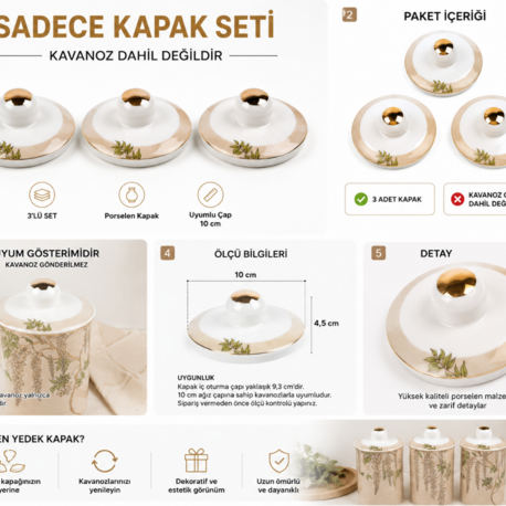 AP038.337902 Heaven Tree Uyumlu 3’lü Porselen Kavanoz Kapak Seti Bej Desenli Yedek Kapak