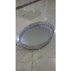 140002 57x32x8cm Oval Aynalı Cam Metal Çift Kulplu Ayaklı Çay Tepsi Eskitme 1 Adet