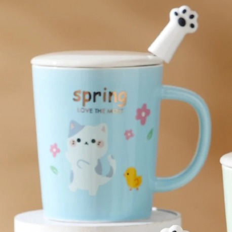 BGP-4395 Porselen Kupa Çiçek Sever Kedi Spring Love The Most Kapaklı Kaşıklı 1 Adet