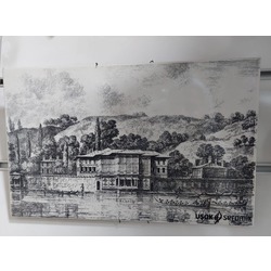 A18195 Seramik Tablo Dikdörtgen 40x25cm Siyah Beyaz Vintage Köşk Dağ Kayık Kürek 1 Adet