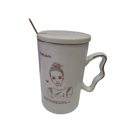 GP-2676 GFTPNT Porselen Kupa  Mug  Beyaz Tekli Kapaklı , Gold Metal Kaşıklı Güze