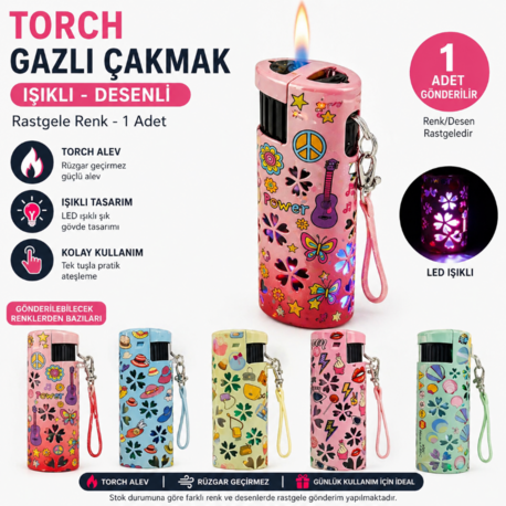  SM-184PB Torch Gazlı Işıklı Desenli Çakmak – Rüzgar Geçirmez Jet Alev, Rastgele Renk