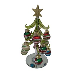 62-0149 Yılbaşı Cam Yeşil Gold Yıldız Simli Çam Ağacı Poliserin Süslemeli 15x9x9cm 1 Adet