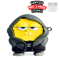 Airpods Pro 2. Nesil Uyumlu Hoodie Tasarım Sunger Bob Figürlü Sevimli Kopçalı Kulaklık Kılı