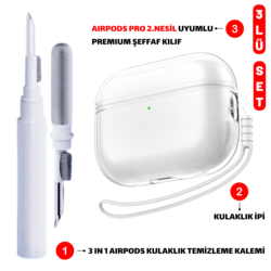 Airpods Pro 2.nesil Uyumlu Şeffaf Kulaklık Kılıfı, Kulaklık Ipi ve 3'ü 1 Arada Temizleme Kal