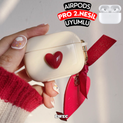 Airpods Pro 2. Nesil Uyumlu Kırmızı Kalpli  Kılıf, Darbeye Dayanıklı Kopçalı Silikon Kılı
