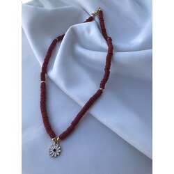 Bordo Papatyalı Fimo Kolye