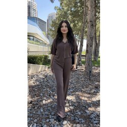 Kahve Fitilli Kısa Kollu Gömlek Pantolon Takım