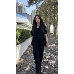 Siyah Fitilli Kısa Kollu Gömlek-Pantolon Takım 
