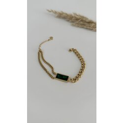 Gold dikdörtgen yeşil taşlı kalın çift zincirli bileklik /ÇELİK