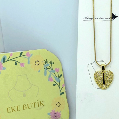 Çelik Açılır Kanatlı Melek Taşlı Kolye Gold