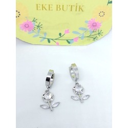 Çelik Taşlı Gül Küpe Sallantılı Beyaz