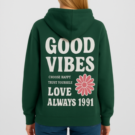 Arkası baskılı yeşil oversize kapşönlü sweatshirt 