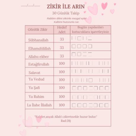  Zikir ile Arın – 30 Günlük Takip Çizelgesi