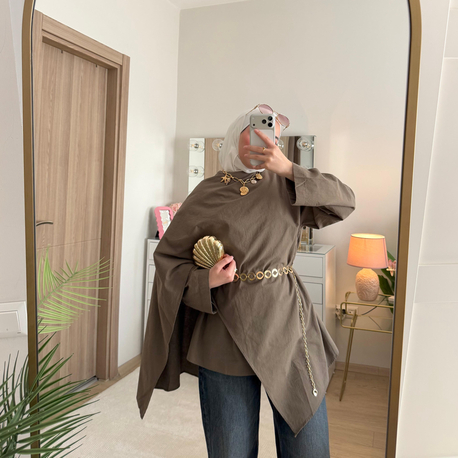 Şal detaylı keten kumaş tunik 