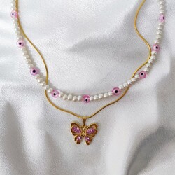 2li set kelebekli pembe nazar inci kolye