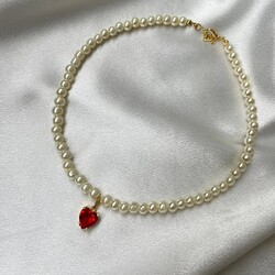kırmızı Swarovski taşlı İnci kolye 