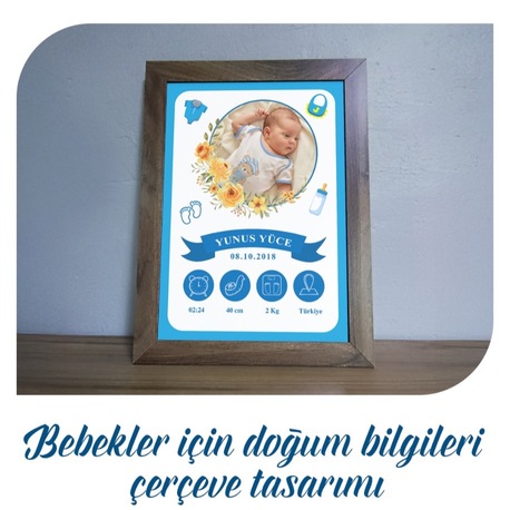 Bebekler İçin Doğum Bilgileri Çerçeve Tasarımı - Erkek Bebek İçin