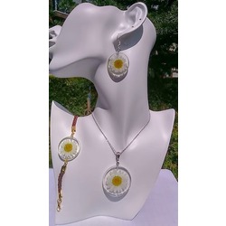 Gerçek Papatya ve Reçine ile Kolye Bileklik ve Küpe Set
