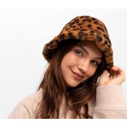Leopar Peluş Kahverengi Bucket Şapka