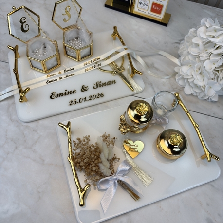 Epoxid-Modell Verlobungs- und Heiratsantrags-Tablett-Set mit Perlen | EW-292962