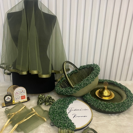 Schleier, Kaffeeblüten-Henna-Korb mit Tablett und Braut-Tamburin 3-teiliges Set | EW-292703