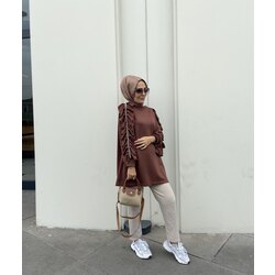 Özel taşlı fırfır tunik kahverengi 