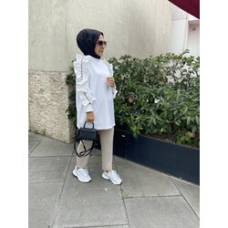 Özel taşlı fırfır tunik beyaz 