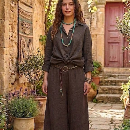 Kemerli bol paça keten pantalon