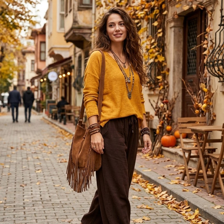 Kahve kadife pantalon ve angora triko bluz
