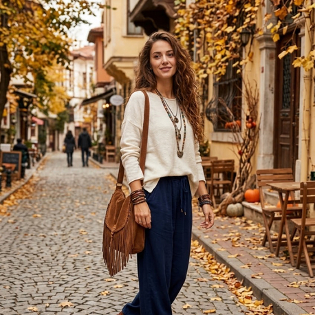 Lacivert kadife pantalon ve kırık beyaz angora triko bluz