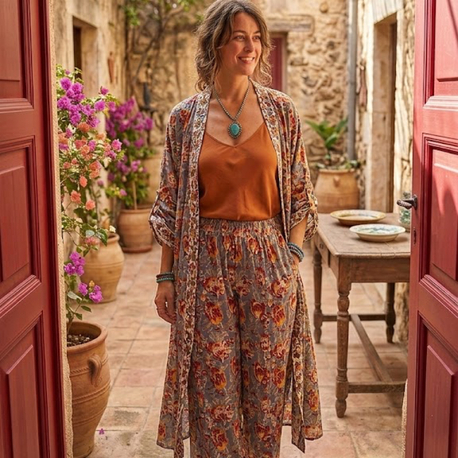 Pamuklu viskon kaftan ve pantalon takım