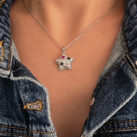 Yıldız Model Renkli Zirkon Taşlı Silver Renk Kolye- 1419