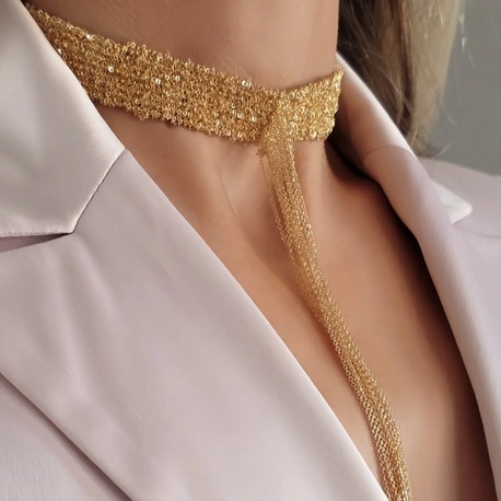 8 Sıralı Zincir Dokuma Sallantılı Vücut Tasma Choker Gold Renk El Yapımı Kolye- 1708