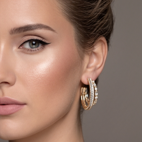 İkili Yarım Halka Model Zirkon Taşlı Antialerjik VİP Halka Gold Renk Küpe Antialerjik - 1817