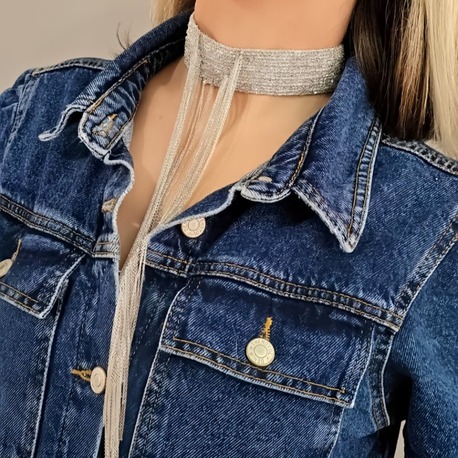 15 Sıralı Zincir V Model Dokuma Sallantılı Tasma Choker El Yapımı Gümüş Renk Kolye - 1382