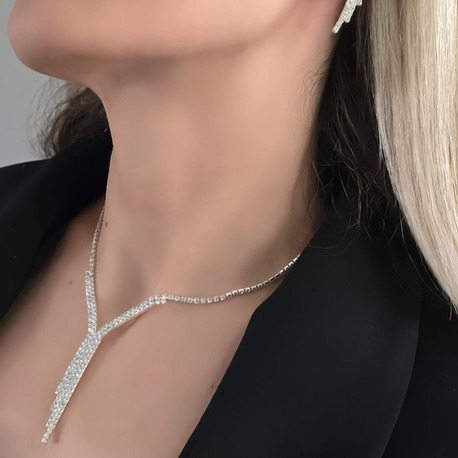 Kristal Taşlı Su Yolu Sarkıt Model Yılbaşı - Abiye - Düğün -Event Kolye Küpe Set - 1439