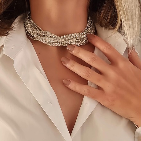 Gümüş Kaplama Taşlı Çoklu Görünümlü Choker Tasma Kolye - 1363
