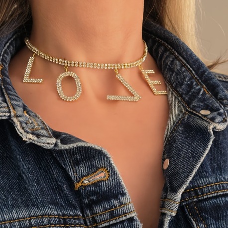 Love Aşk Kristal Taşlı Party Style Altın Kaplama Gold Renk Kolye- 1387