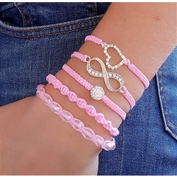 Pembe Sonsuzluk - Kalp- Kristal Makrome İp Bileklik Takımı Set