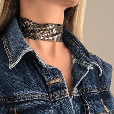 Arpa Pul Payet Zırh Metal Geniş Model Antrasit  Choker Kolye - 1392