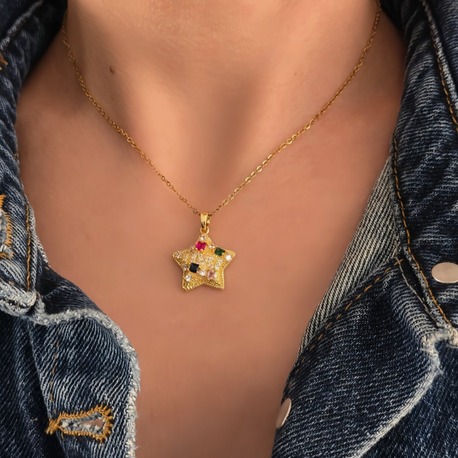Yıldız Model Renkli Zirkon Taşlı Gold Renk Kolye - 1420