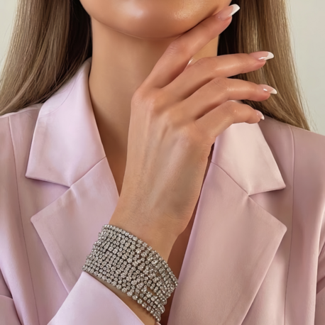 Çoklu Döküm Su Yolu Rhinestone Gümüş Renk Kristal Bileklik - 1827