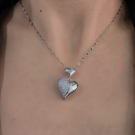 Bombeli Kalp Zirkon Taşlı Silver Renk Kolye- 1415