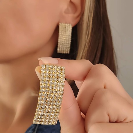 Dikdörtgen Model Abiye Altın Kaplama Gold Küpe - 1357