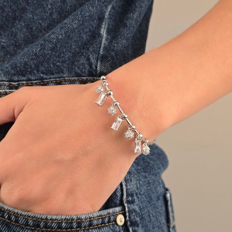 Ayarlanabilir Baget - Top Model Zirkon Taşlı Silver Renk Kelepçe Bileklik- 1424
