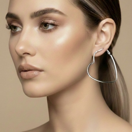 Kalp Model Halka Silver Renk Çelik Küpe 6cm - 1776