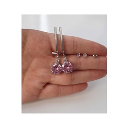 Pembe Taşlı 6'lü Gümüş Renkli Küpe