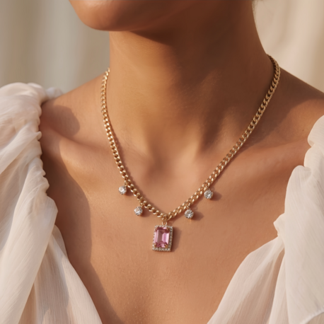 Baget Model Zirkon Taşlı Gold Pembe Renkli Çelik Kolye - 1859