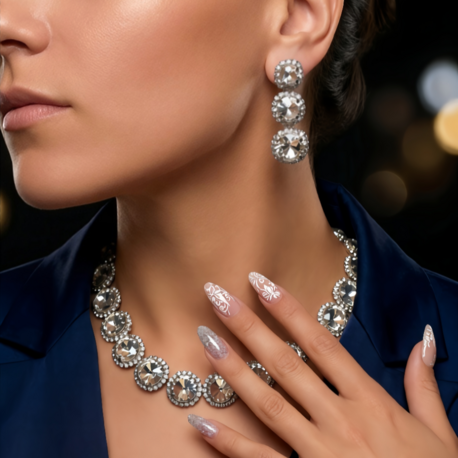 Riviere Kristal Taşlı Çiçek Model Şeffaf Renkli Kolye Küpe Set - 1866